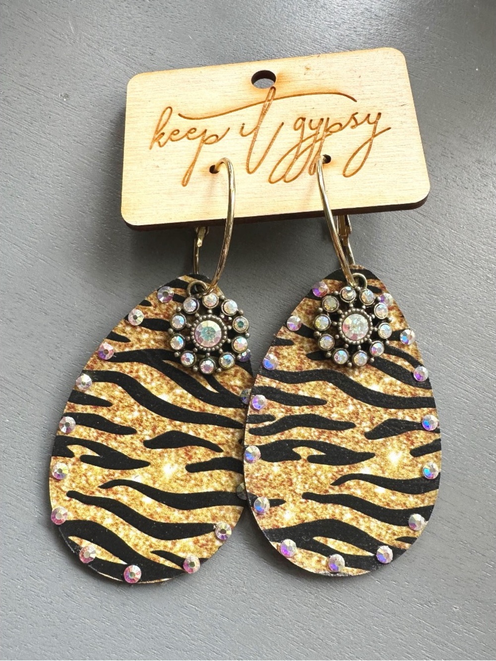 Keep it Gypsy Painted Tiger Print Leather Teardrop Shaped earrings NWT
